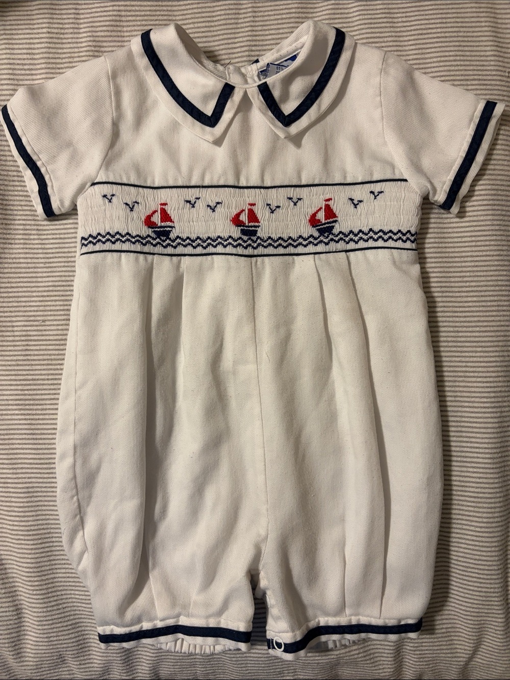 Carriage Boutique Vintage Smocked Sailboat Bubble Romper 12M White Navy